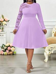 SHEIN Lady Vestido midi elegante de encaje con parches de unicolor morado para mujer de talla grande, vestido de Pascua, vestido de graduación, vestido de invitada de boda, vestido bohemio de vacaciones y crucero para mujer, vestidos formales para mujer en otoño, ropa de mujer de vuelta al colegio, vestido de verano, vestido de primavera, vestidos casuales - Morado - Ver 3