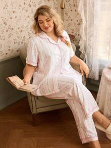 CottageSlumber Plus Size Ditsy Floral Ruffle Collar Short Sleeve PJS Curve PJS Summer Pijama Sets For Women Vintage PJS PJS For Woman Women Sleep Wear Set - White - View 2