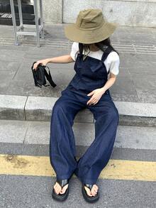 Livesso Women's Solid Color Square Neck Loose Fashion Versatile Denim Jumpsuit - Dark Wash - View 1