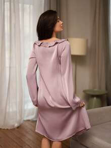 DAZY Romantic Satin & Lace Patchwork Ruffle Hem Women Nightgown - Pink - View 2