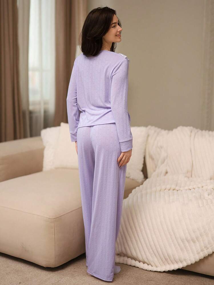 Jacquard Knit Lace Ruffle Trim Women Pajama Set