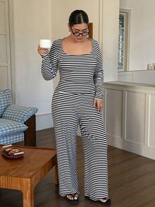 Dazy Plus Plus Size Women's Black & White Striped Print Scoop Neck Long Sleeve Top And Pants Pajama Set, Spring/Autumn - Black and White - View 4