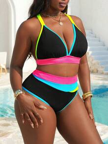 Slaydiva 大码女式夏季海滩度假撞色拼接露背比基尼套装 - 彩色 - 查看 3