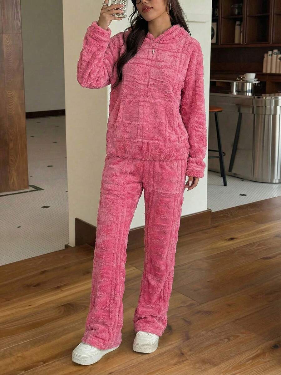Mujer conjunto casual afelpado suave holgado con capucha manga larga otoño‑invierno para casa dos piezas,Conjuntos de dos piezas para mujer - Rosa - Ver 1