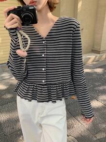 DAZY Áo thun tay dài cổ chữ V họa tiết kẻ sọc đơn giản dành cho nữ - Đen và trắng - Xem 5