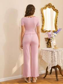 SHEIN Women's French Embroidery V-Neck Fitted Asymmetrical Hem Short Sleeve Pajama Set - Pink - View 2