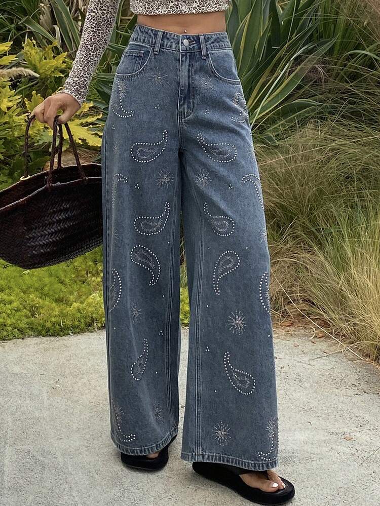 Women's Regular Waist Straight Leg Jeans With Cashew Flower Rhinestone Design, Casual City Style Y2k