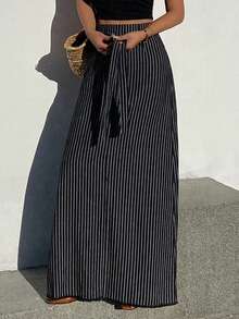 Livesso Spring & Summer Loose Business Casual Vacation Beach Fashion Office Wear Design Cinched Denim Skirt - Black - View 3