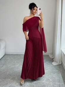 Rafferiza Women's Elegant Oblique Shoulder Ruffle Pleated Dress - Burgundy - View 6