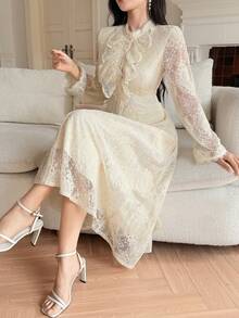 DAZY 女士优雅蕾丝领荷叶边长裙，春夏款