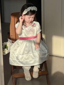DAZY Baby Girl Summer Cute Vacation Style Floral & Butterfly Embroidery Puff Sleeve Waist Tie Dress - White - View 4