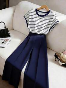 GlowEve Petite Áo thun nữ cổ tròn dáng rộng kẻ sọc cổ điển, thời trang thường ngày, thích hợp mặc hàng ngày. - Nhiều màu - Xem 4