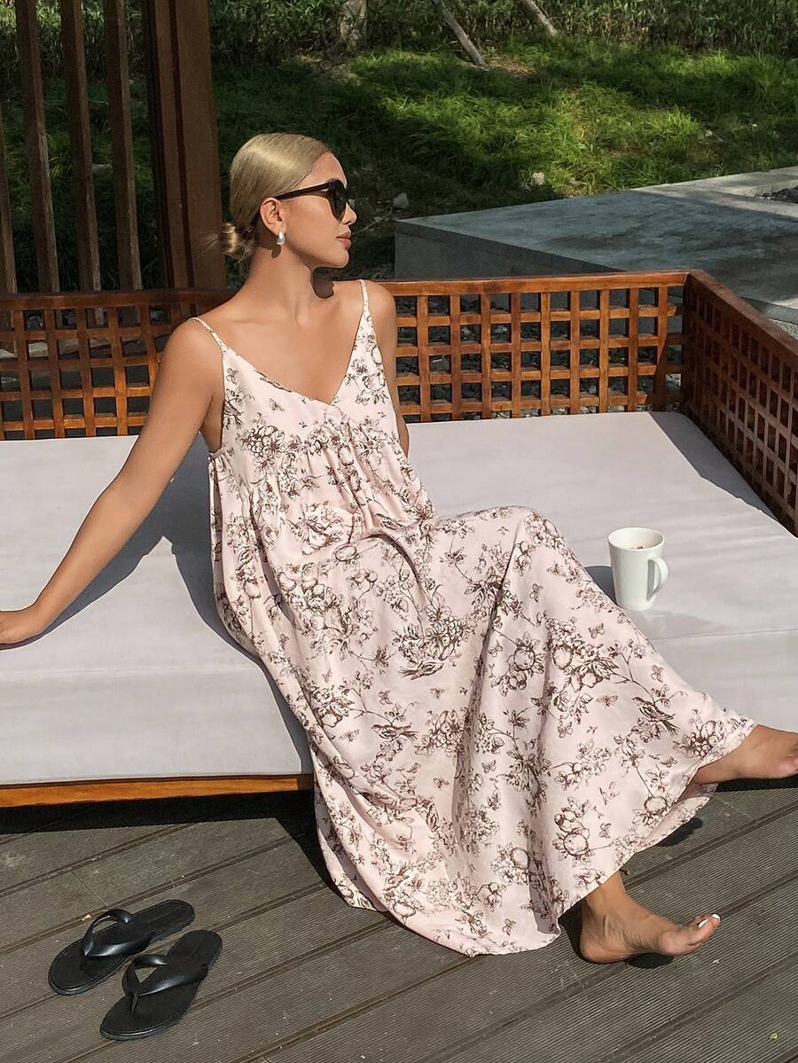 DAZY 度假风线条画植物印花无袖A字长款女士睡裙 - 粉色 - 查看 1