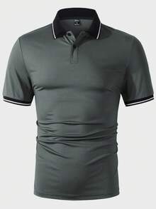 Manfinity Mode 男士休闲拼接短袖Polo衫，通勤和外出皆宜；男士T领T恤；男士休闲上衣；男士Polo衫；男士高尔夫球衫；男士服装在线；复古风格；日常休闲；周末旅行；户外活动；探险旅行；轻松的工作环境或半正式场合；男友/丈夫礼物；周年纪念/生日礼物；派对；夏季假期；沙滩装；夏威夷婚礼；春夏皆宜 - 深灰色 - 查看 5