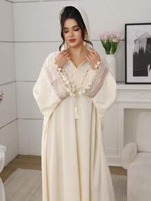 SHEIN Najma 女士连帽蕾丝缎带蝙蝠袖流苏连衣裙 - 杏色 - 查看 8