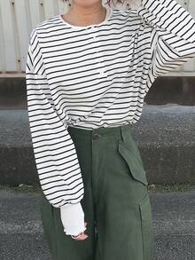 FRIFUL Women's Striped 100% Cotton Round Neck Dropped Shoulder Long Sleeve Ribbed Cuff & Hem Button-Up Loose Casual Versatile T-Shirt