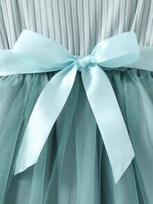 Sparklyn 女童荷叶边短袖罗纹网纱圆领夏季公主风休闲连衣裙，配腰带 - 綠色 - 查看 5