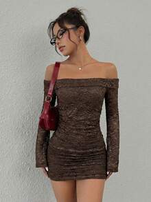 SHEIN EZwear 女士时尚性感撞色蕾丝露肩紧身连衣裙，女士夏季连衣裙，茶会连衣裙 - 咖啡棕 - 查看 4