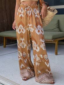 DAZY Floral Print Loose Wide Leg Pants, Casual Vacation Wear For Women, Spring/Autumn Boho Beach Tie Dye - Brown - View 1