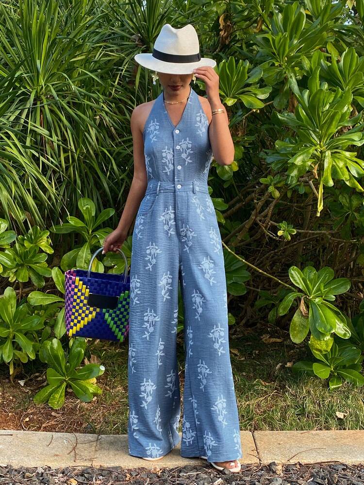 Floral Print Jumpsuit With Halter Neck, Wide Leg Pants, Elegant Resort Wear For Women, Spring/Autumn Summer Boho
