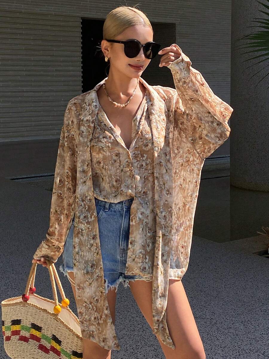 DAZY Áo kiểu nữ tay dài dáng rộng, màu trơn, chất liệu chiffon, cổ buộc nơ, thích hợp cho mùa hè. - Màu vàng ngỗng - Xem 1