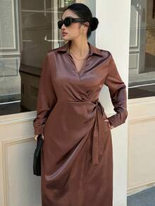 Dazy Plus Đầm ôm sát dài tay màu trơn thanh lịch dành cho nữ cỡ lớn, cổ xéo, thích hợp cho mùa xuân/hè. - màu nâu - Xem 4