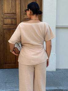 Dazy Plus 2pcs Casual Oblique Collar Top And Wide Leg Pants Set, Commuting Outfit, Spring/Summer - Khaki - View 2