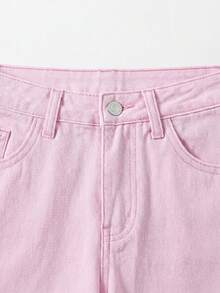 SHEIN EZwear 休闲纯色牛仔短裤，夏季 - 粉色 - 查看 3