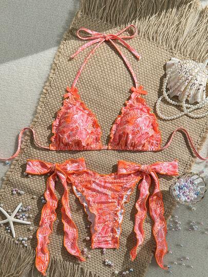 Swim Mod 2pcs/Set Random Floral Print Bow Decor Frill Trim Triangle Bikini Top And Side Tie Bottoms Sexy Swimsuit Set, Spring/Summer Boho Bikini Set Coral Bikini Crochet Bikini Set Two Pieces Beach Set Starfish Bikini