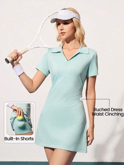  CourtClass Women's Solid Color V-Neck Sports Dress With Shirred Waist, A Versatile Style For Tennis, Golf And Fitness, Short-Sleeved Sports Top Set, Women's Outdoor Fitness Clothing