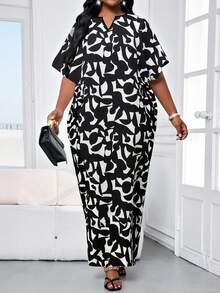 SHEIN Lady 大码女式夏季派对宴会全印花V领蝙蝠袖拼接口袋茧型连衣裙 - 黑與白 - 查看 3