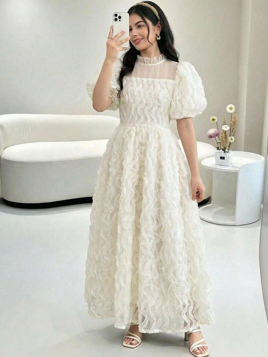 少女宽松优雅立领蝴蝶结装饰3D立体花卉面料无袖连衣裙 - 杏色 - 查看 1