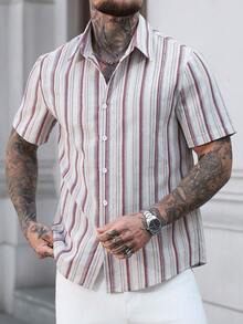 EGENSIO Men's Casual Coffee Striped Short Sleeve Shirt, Summer - Coffee Brown - View 4