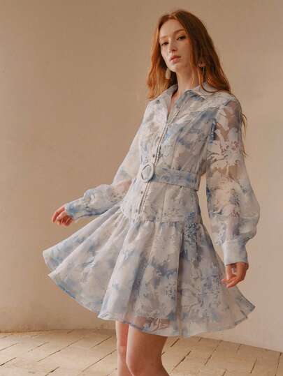 MOTF PREMIUM 法式时尚女式衬衫，衬衫领，长袖，蕾丝边饰，花卉印花，荷叶边下摆，收腰A字型花卉印花连衣裙，优雅