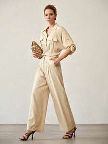 MOTF PREMIUM WOMEN'S APRICOT STYLISH WAIST ROLL TAB SLEEVE CINCHING JUMPSUIT - Apricot - View 7