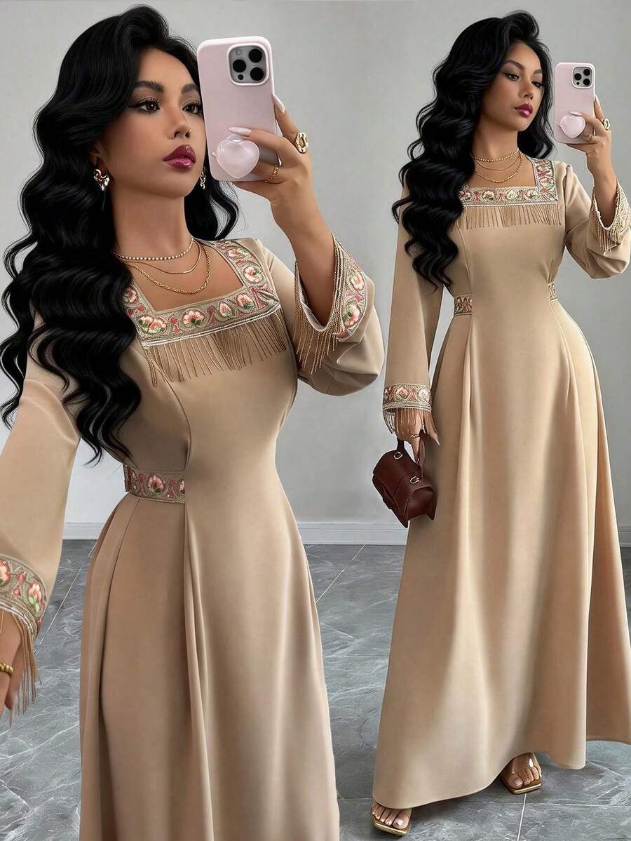 Yasmyna Women's Elegant Minimalist Square Neck Tassel Tie Waist Long Sleeve Summer Formal Evening Embroidered Asymmetric Khaki Woven Dress