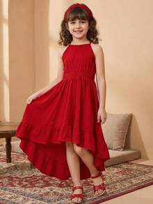 SHEIN Đầm dự tiệc mùa hè thường ngày cho bé gái tuổi teen, chất liệu jacquard dệt họa tiết, màu trơn, hở lưng, vạt bất đối xứng, màu đỏ. - Đỏ - Xem 6