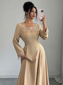 Yasmyna Women's Elegant Minimalist Square Neck Tassel Tie Waist Long Sleeve Summer Formal Evening Embroidered Asymmetric Khaki Woven Dress - Khaki - View 7