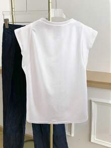 Resyla Camiseta casual de manga corta con cuello redondo, blanca y con lazo de strass para mujer - Blanco - Ver 2