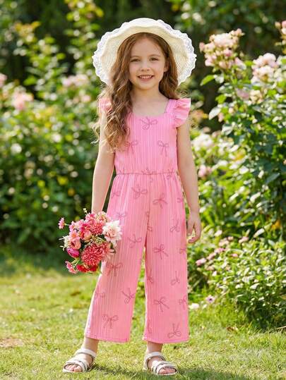 1pc Cute & Lively Casual Fitted Unique Bow Wave Allover Print Jumpsuit, Suitable For Outdoor Summer And School Girls Summer Jump Suits Bell Bottom Jumpsuit Kids Kids Jumpsuit For Girls Young Girls Casual Jumpsuit Long Romper For Girls