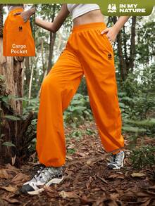 In My Nature Women's Letter Print Pocketed Drawstring Waist Loose Outdoor Pants - Burnt Orange - View 2