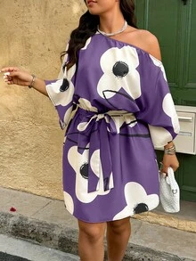 SHEIN Clasi 大码女式碎花不对称肩部休闲度假连衣裙 - 彩色 - 查看 3