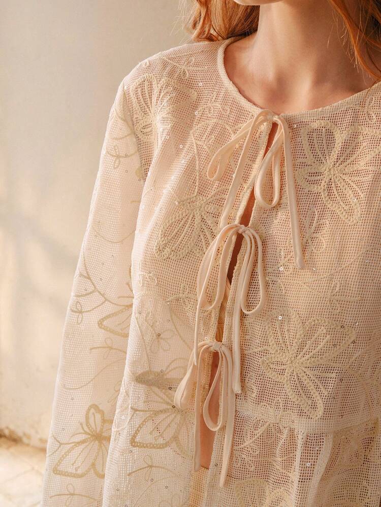 LACE EMBROIDERED BUTTERFLY LOOSE FIT TIE-UP BLOUSE FOR WOMEN, STYLISH & VERSATILE