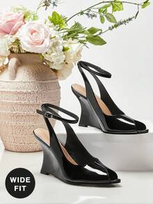 SHUZIA Women's Wide-Fit Peep Toe Ankle Strap Wedge Sandals - Black - View 5