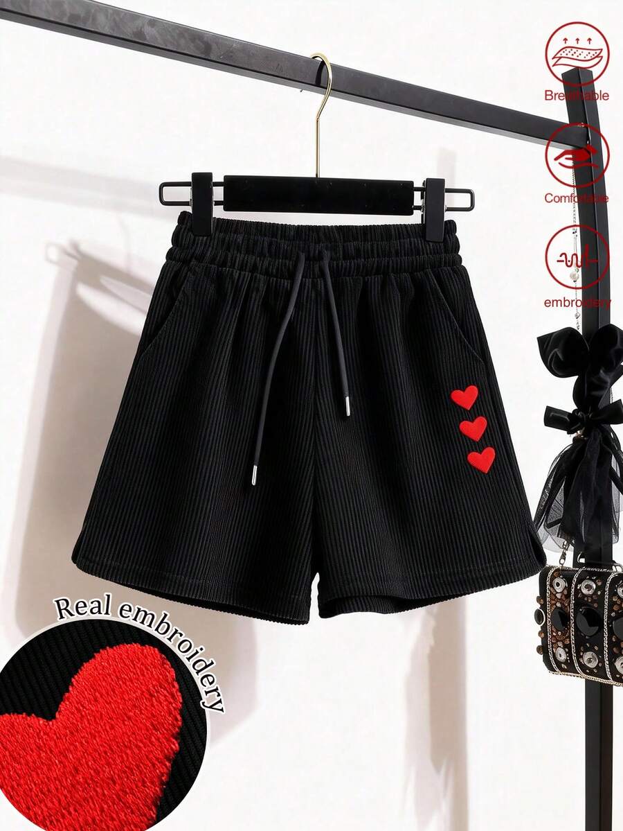SHEIN 心形刺绣时尚简约女式灯芯绒短裤,送朋友的礼物 - 黑色 - 查看 1