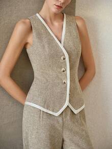 MOTF PREMIUM 女士春夏混色印花雪纺撞色缎带修身无袖V领背心 - 咖啡棕 - 查看 5