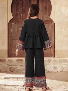 SHEIN Tween Girls' Geometric Print Flare Sleeve Shirt And Pants Casual Outfit - Black - View 2