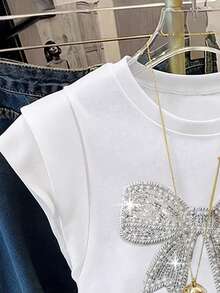 Resyla Camiseta casual de manga corta con cuello redondo, blanca y con lazo de strass para mujer - Blanco - Ver 5