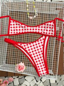 Swim Mod 2026 New Spring/Summer Women 2pcs Random Plaid Print Bandeau Bikini Bottoms Beach Vacation Casual Cute Sexy Micro Bikini Set Set - Red and White - View 5