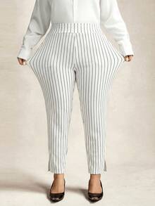Zelara 大码女式休闲新年条纹印花通勤裤，带口袋，秋冬时尚休闲宽松舒适日常大码女裤，大码条纹裤，高弹力女裤 - 白色 - 查看 6